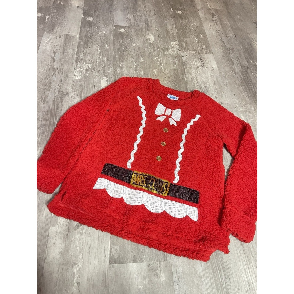 Ugly Christmas Sweater Womens‎ L Santa Suit Sherpa Sequined Fleece Red C0073